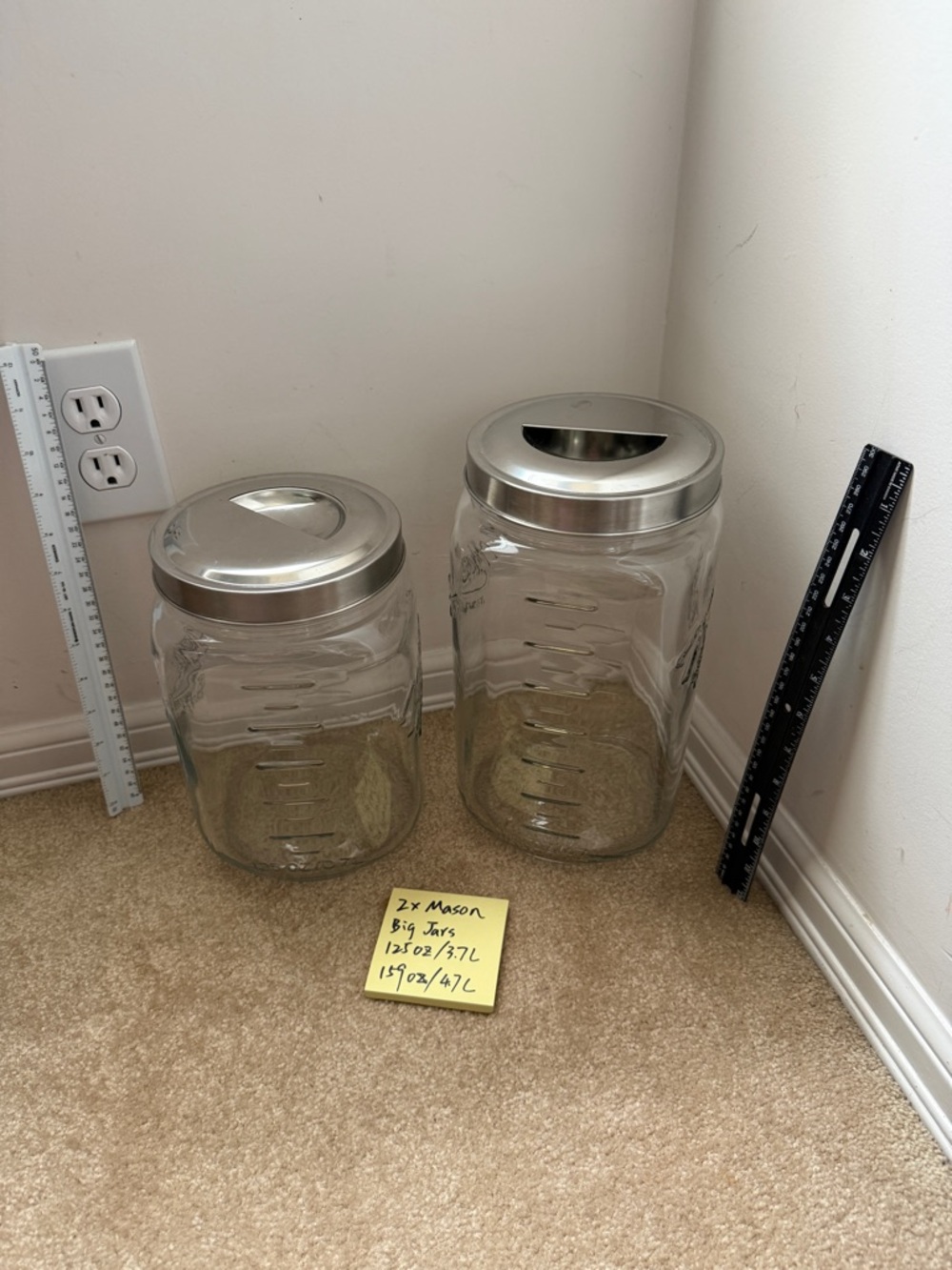 2 x Mason Clear Glass Kitchen Storage big Jars with Silver Metal lids rare